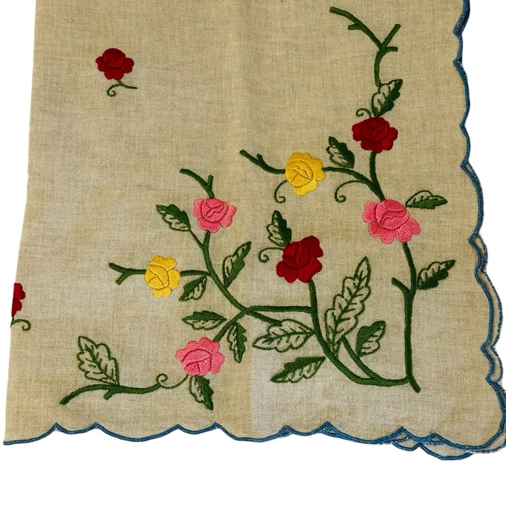 Vintage Linen Floral Table Topper Hand Embroidered Roses Square Tablecloth